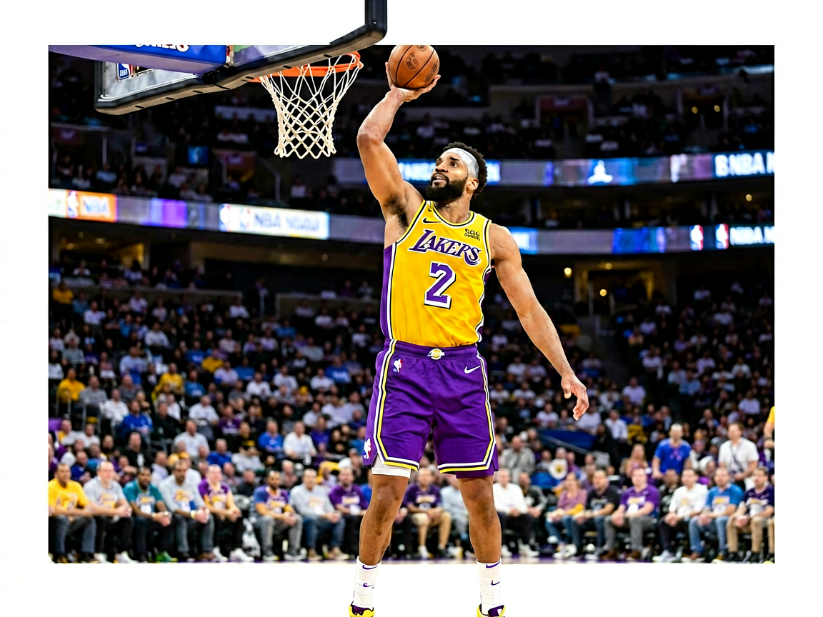 NBA湖人队詹姆斯在比赛中突破上篮精彩瞬间